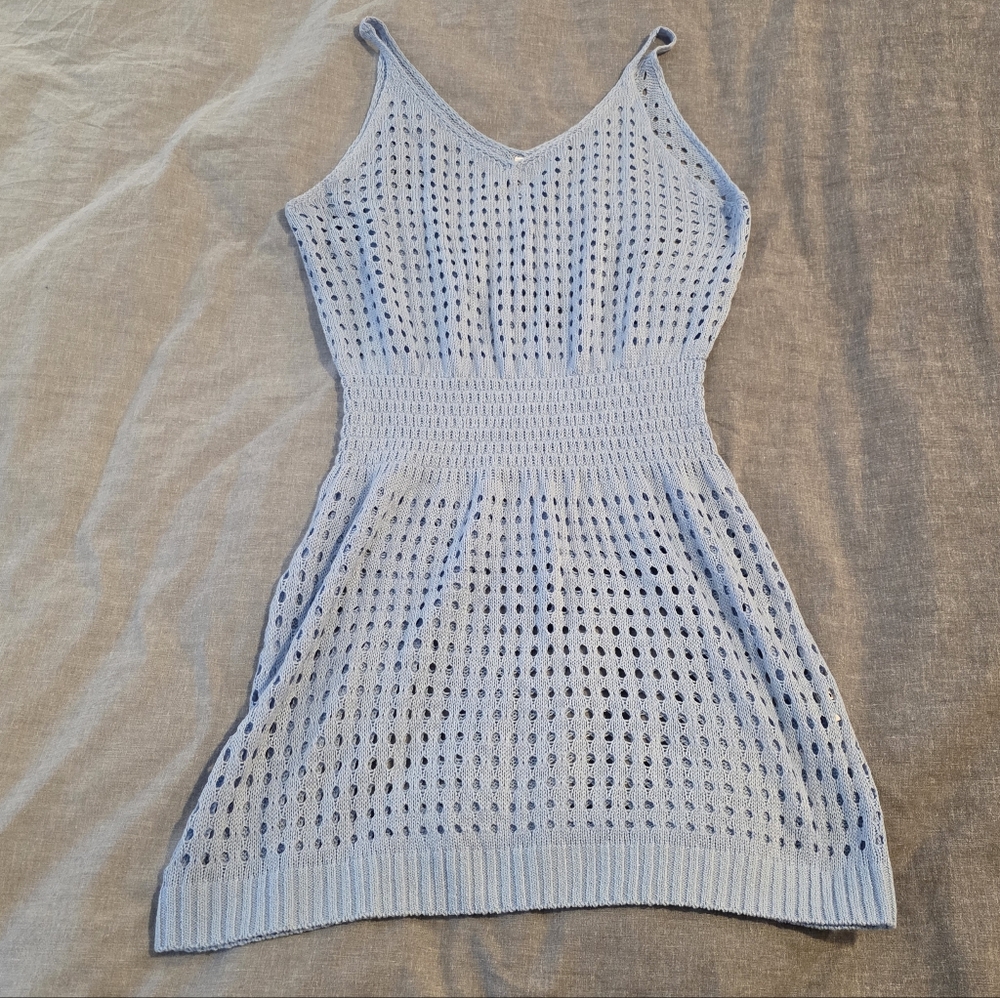 Light Blue Knit V-Neck Swim Coverup with Smocked Waist